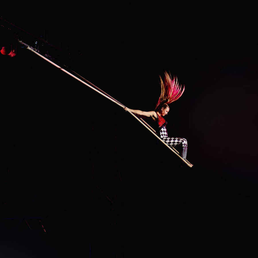 An aerialist swinging on the trapeze in a red and harlequin costume, her hair flying mid-air