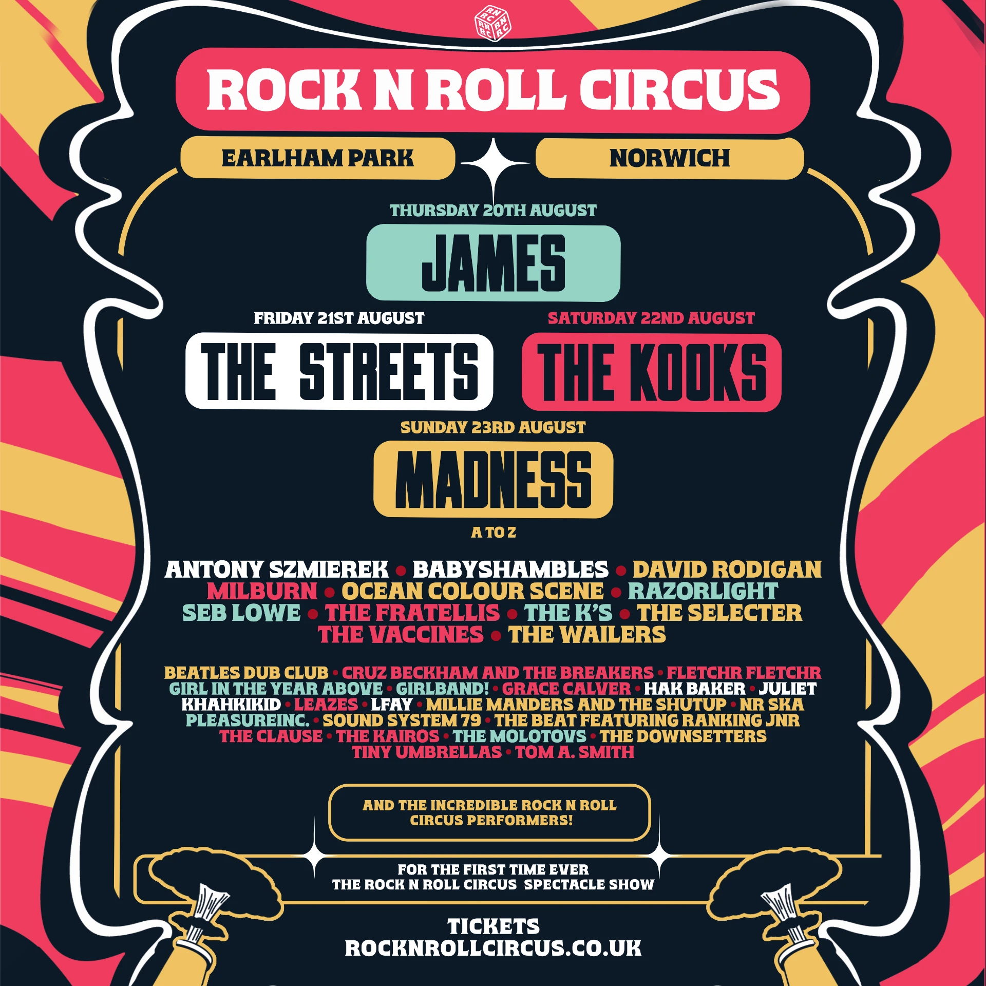 Rock N Roll Circus Norwich 2026 line-up poster showing the four days of headliners at Earlham Park