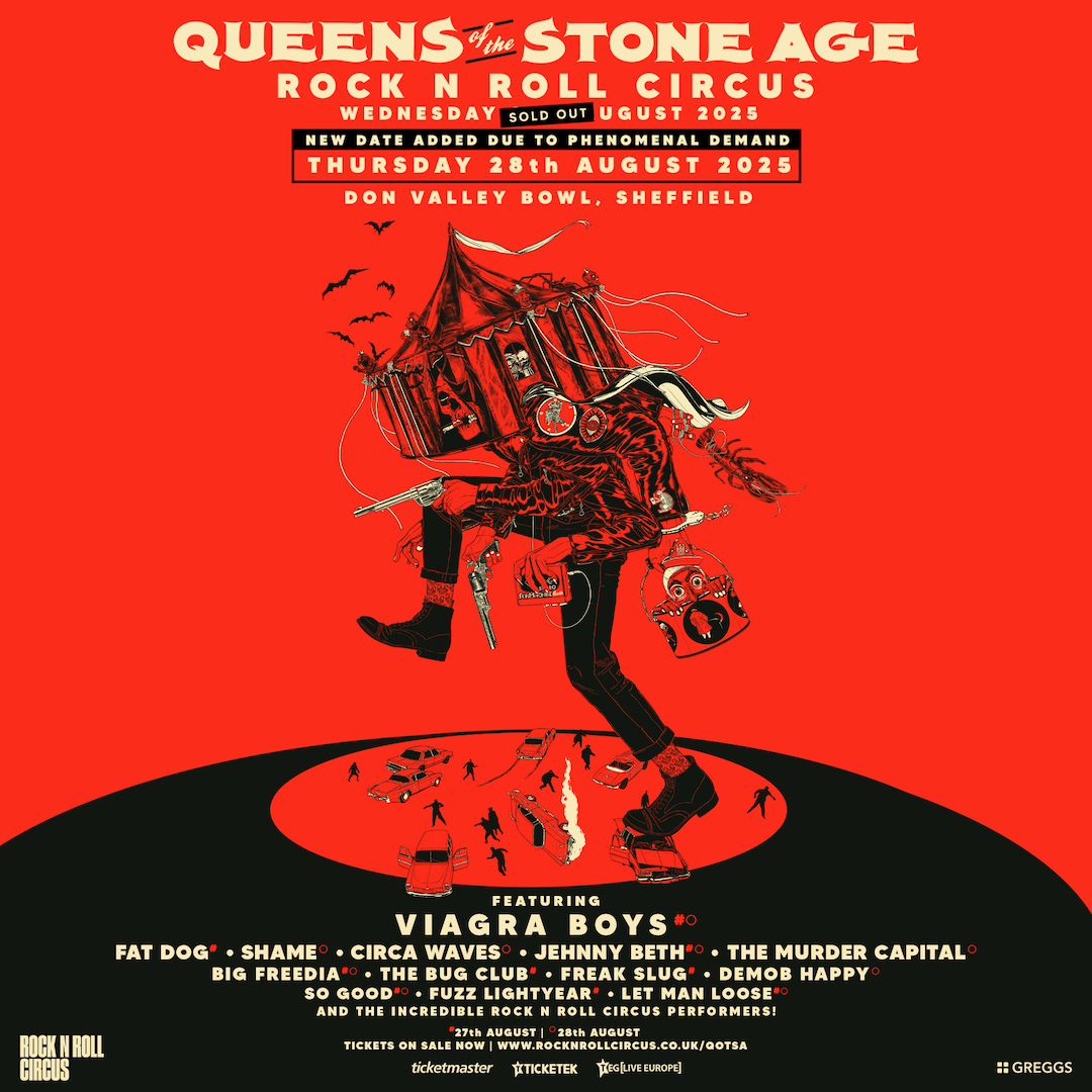 Rock N Roll Circus Sheffield 2025 poster for Queens of the Stone Age on Thursday 28 August at Don Valley Bowl